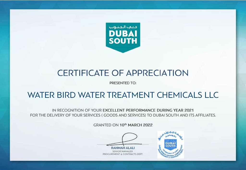 Certificate of Appreciation from Dubai South awarded to Water Bird Water Treatment Chemicals LLC for service excellence